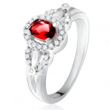 Gyűrű piros ovális kővel, apró átlátszó cirkóniák, 925 ezüst