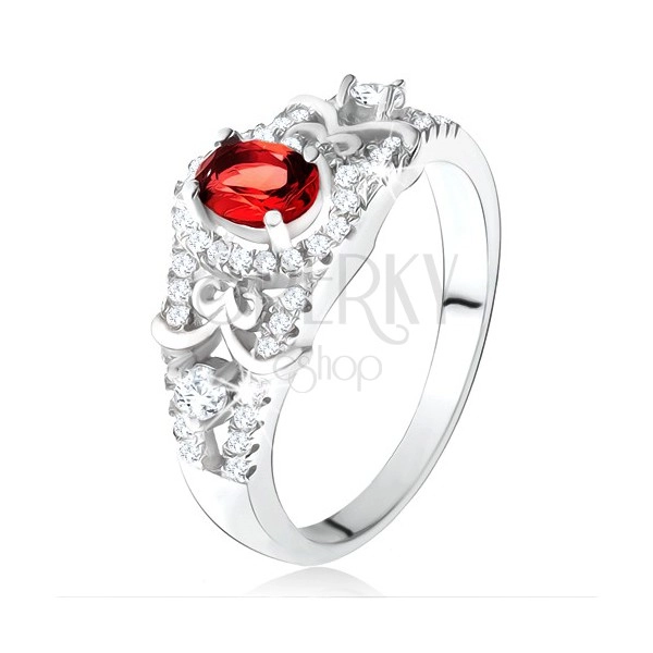 Ezüst 925 gyűrű, ovális piros cirkónia tiszta keretben, díszes vonalak