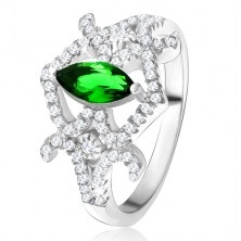 Gyűrű - magszem alakú, zöld cirkónia, ívelt vonalak, átlátszó kövek, 925 ezüst