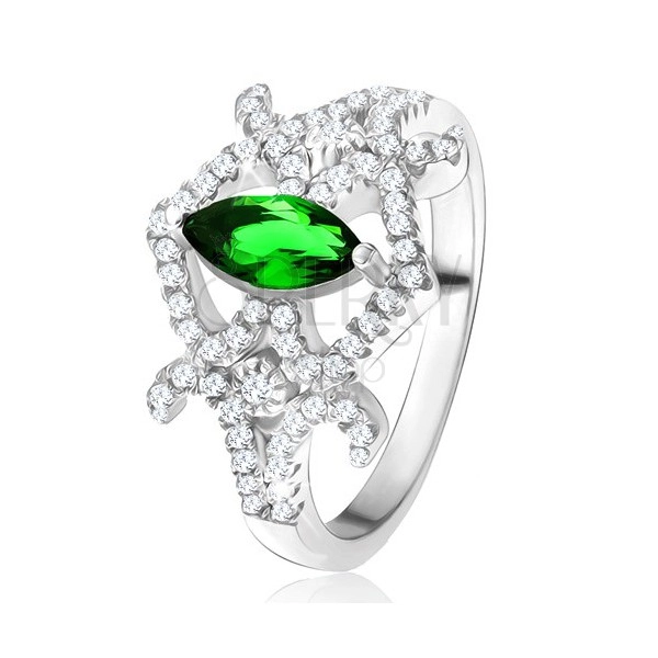 Gyűrű - magszem alakú, zöld cirkónia, ívelt vonalak, átlátszó kövek, 925 ezüst