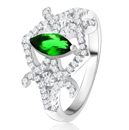 Gyűrű - magszem alakú, zöld cirkónia, ívelt vonalak, átlátszó kövek, 925 ezüst - Nagyság: 52