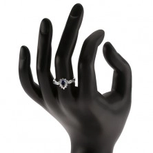 Fényes gyűrű - 925 ezüst, sötétkék cirkónia - könnycsepp, átlátszó kövek