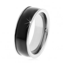 Fekete tungsten gyűrű, mérsékelten kidombordó, fényes felület, ezüst színű szélek