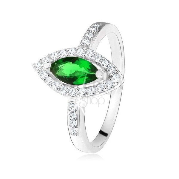 Fényes gyűrű - 925 ezüst, magszem alakú zöld kő keretben, átlátszó cirkóniák