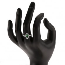 Fényes gyűrű - 925 ezüst, magszem alakú zöld kő keretben, átlátszó cirkóniák