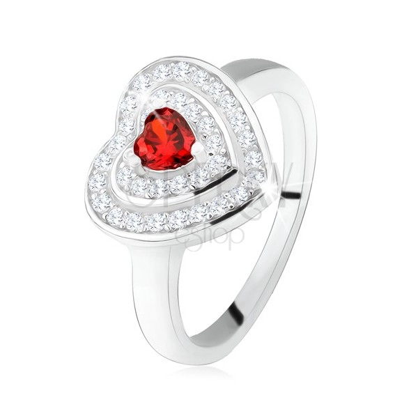 Gyűrű, piros cirkóniás szívvel, átlátszó cirkóniák - szív körvonal, 925 ezüst