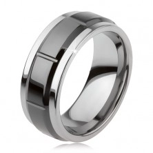 Tungsten gyűrű bemetszésekkel, ezüst szín, fényes, fekete felület