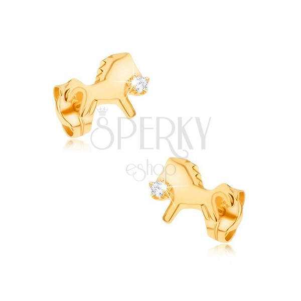 Fülbevaló 9K sárga aranyból - csillogó, vágtató ló, átlátszó cirkóniával