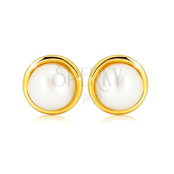 9K sárga arany fülbevaló - fehér kerek édesvízi gyöngy, vékony gyűrű