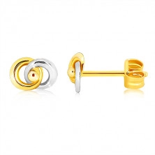 Ródiumozott, kétszínű fülbevaló 9K aranyból - két összekapcsolt gyűrű