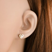 Ródiumozott fülbevaló 9K aranyból - kétszínű szív kontúr, fehér gyöngy