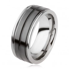 Wolfrám gyűrű, fényes, fekete felülettel és bemetszéssel, ezüst szín