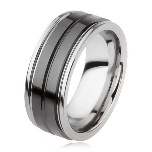 Wolfrám gyűrű, fényes, fekete felülettel és bemetszéssel, ezüst szín - Nagyság: 67