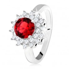 Gyűrű piros kerek kővel és átlátszó cirkóniákkal, napocska, 925 ezüst