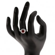 Gyűrű piros kerek kővel és átlátszó cirkóniákkal, napocska, 925 ezüst