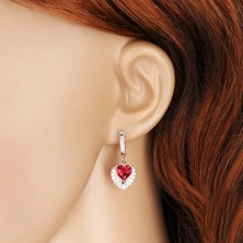 Ezüst fülbevaló 925, medál piros cirkóniával, kettős szív, átlátszó kövek 