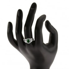Ezüst gyűrű 925, sötétzöld kő, átlátszó cirkóniás szegély, szem alak