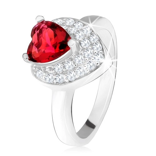Gyűrű piros cirkóniával, átlátszó kövek, kettős szív,925 ezüst - Nagyság: 59