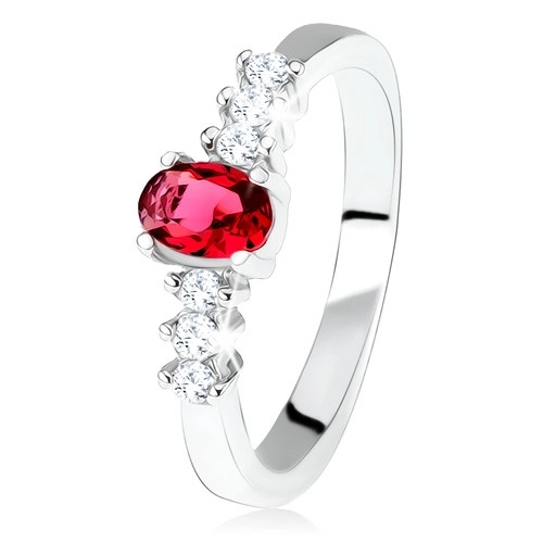 925 ezüst eljegyzési gyűrű, ovális, piros kő, átlátszó cirkóniák - Nagyság: 50