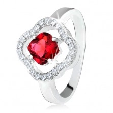 925 ezüst gyűrű, csiszolt, piros kő, átlátszó cirkóniák, virág
