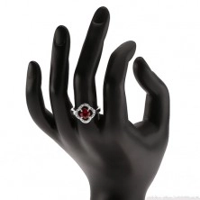 925 ezüst gyűrű, csiszolt, piros kő, átlátszó cirkóniák, virág