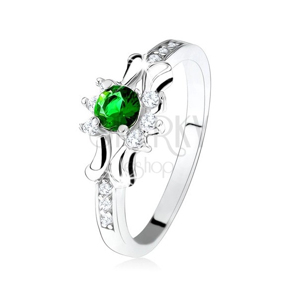 925 ezüst gyűrű, zöld, kerek cirkónia, három, átlátszó kő, díszített szárak