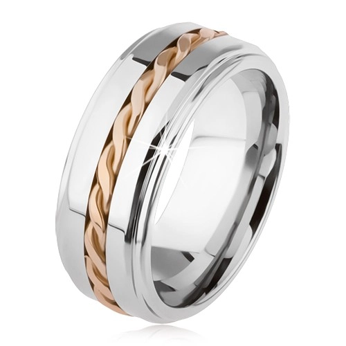 Fényes tungsten gyűrű, ezüstözött, kiemelkedő közép rész, fonott minta - Nagyság: 59