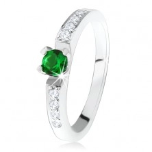 Ezüst eljegyzési gyűrű 925, kerek zöld kő, átlátszó cirkóniás vonal 