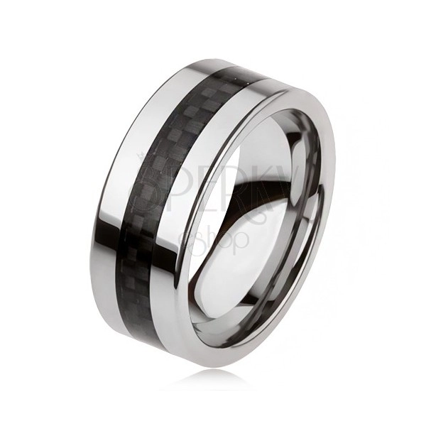 Tungsten karikagyűrű ezüst színben fekete középső sávval, háló