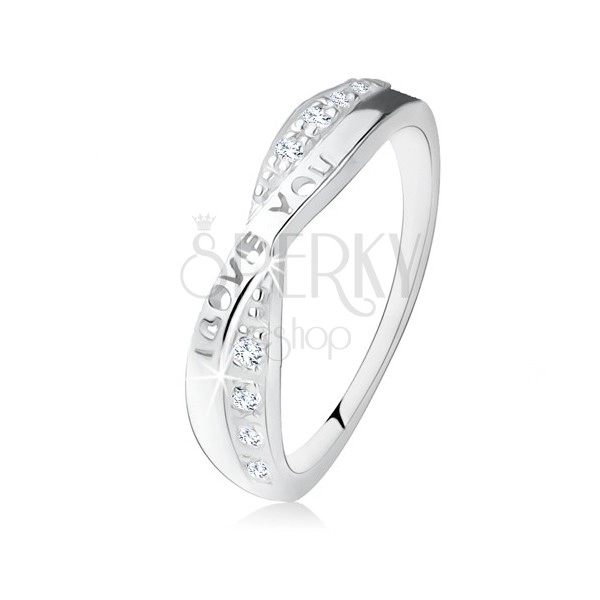 925 ezüst gyűrű, keresztezett szárak, cirkóniák, "I LOVE YOU" felirat
