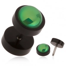 Fekete hamis plug fülbe akrilból, zöld golyó szivárvány fénnyel