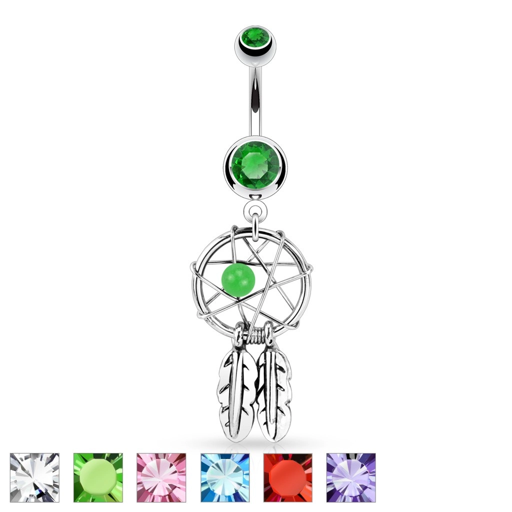 Acél piercing köldökbe - álomfogó, két toll, cirkóniák, gyöngy - A cirkónia színe: Aquakék - Q