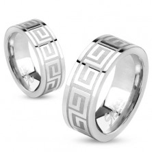 Gyűrű acélból, ezüst színben, fényes felület, görög kulcs, 6 mm