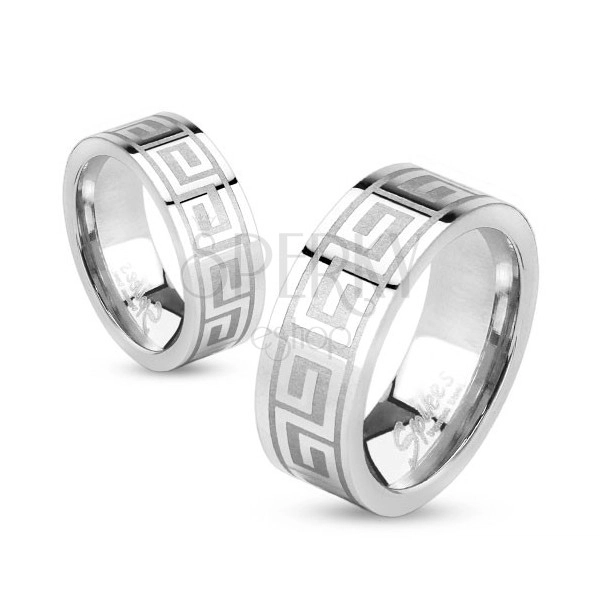 Gyűrű acélból, ezüst színben, fényes felület, görög kulcs, 6 mm