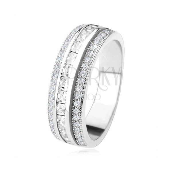 Csillogó gyűrű 925 ezüstből, kiemelkedő középső sáv, átlátszó cirkónia