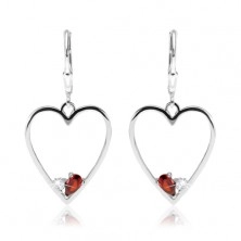 Fülbevaló 925 ezüstből, szimmetrikus szív körvonal, piros és átlátszó cirkónia