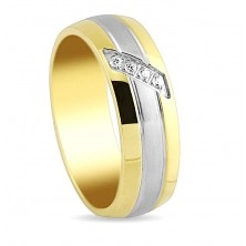 Acél gyűrű, sávok arany és ezüst színben, ferde vonal átlátszó cirkóniákból, 6 mm