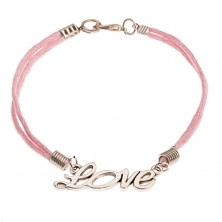 Rózsaszín zsinóros karkötő, medál ezüst színben - "Love" felirat