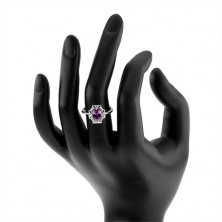 Eljegyzési gyűrű 925 ezüstből, ovális lila kő, cirkóniás keret