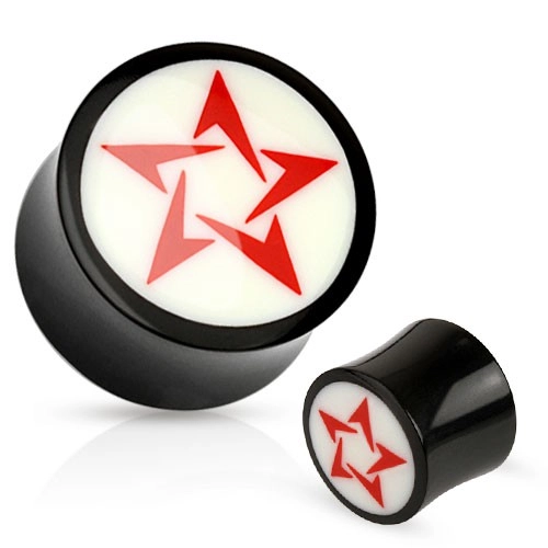 Kerek fekete-fehér fülplug természetes anyagból, piros csillag - Vastagság: 8 mm