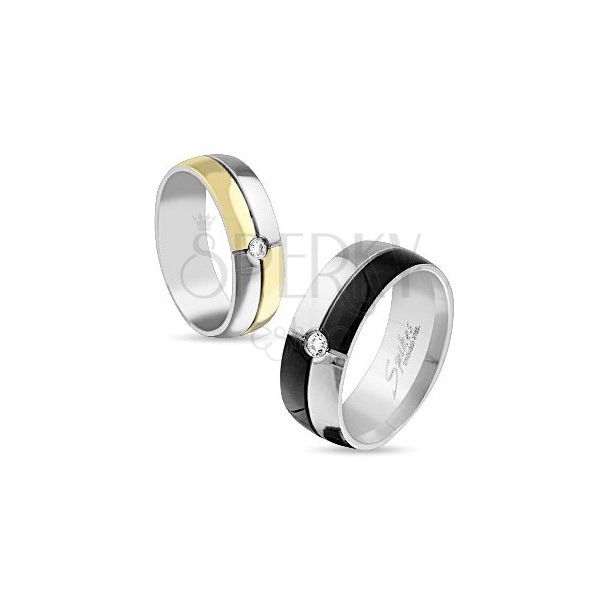 Fényes gyűrű ezüst és arany színben, bevágások, átlátszó cirkónia, 6 mm