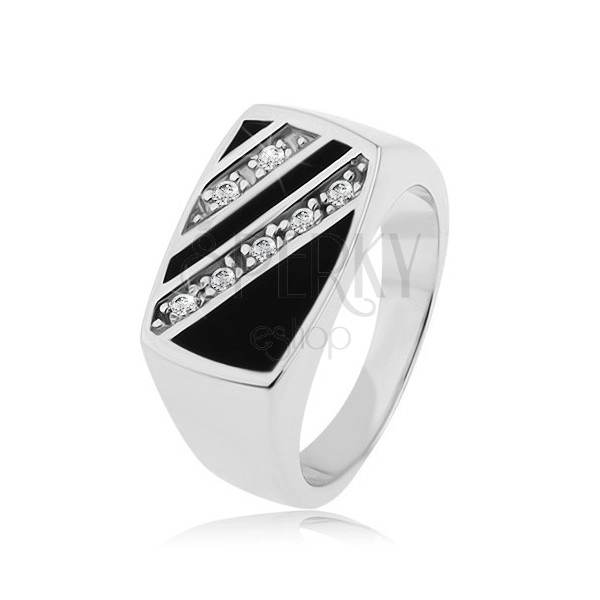 925 ezüst gyűrű, téglalap - ferde átlátszó cirkóniás vonal, fekete fénymáz