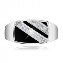 925 ezüst gyűrű, téglalap - ferde átlátszó cirkóniás vonal, fekete fénymáz