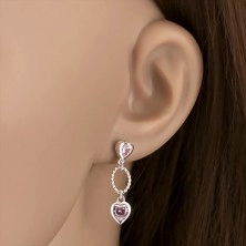 925 ezüst fülbevaló, két rózsaszín cirkóniás szív, díszített ovális