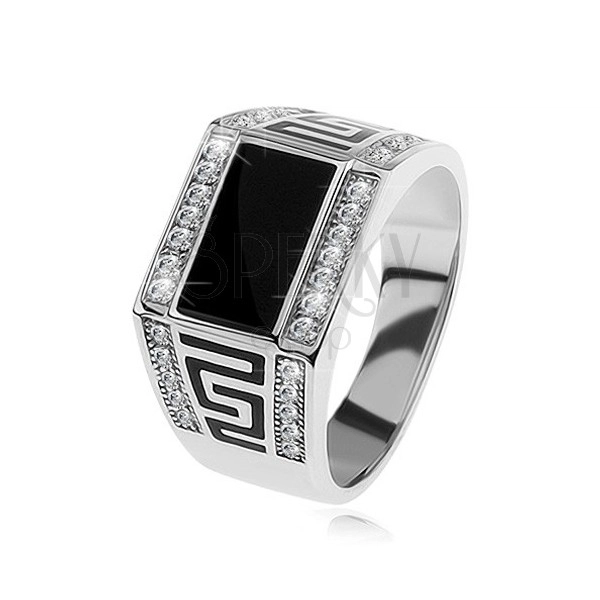 925 ezüst gyűrű, fekete téglalap, átlátszó csillogó kövek, görög kulcs