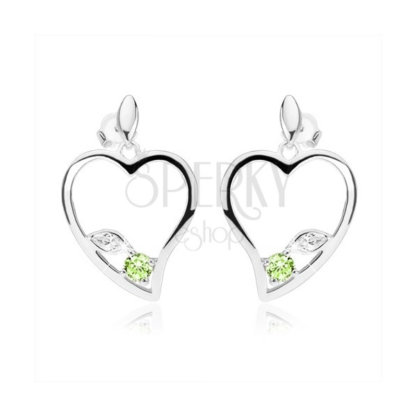 925 ezüst fülbevaló, aszimmetrikus szív alakban, átlátszó és zöld cirkónia
