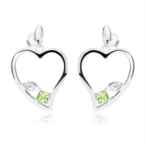 925 ezüst fülbevaló, aszimmetrikus szív alakban, átlátszó és zöld cirkónia