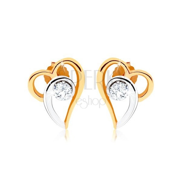 Kétszínű fülbevaló 375 aranyból, aszimmetrikus szív kontúr, átlátszó cirkónia