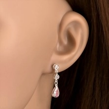 Beszúrós fülbevaló, rózsaszín cirkóniás csepp, átlátszó kövek, 925 ezüst