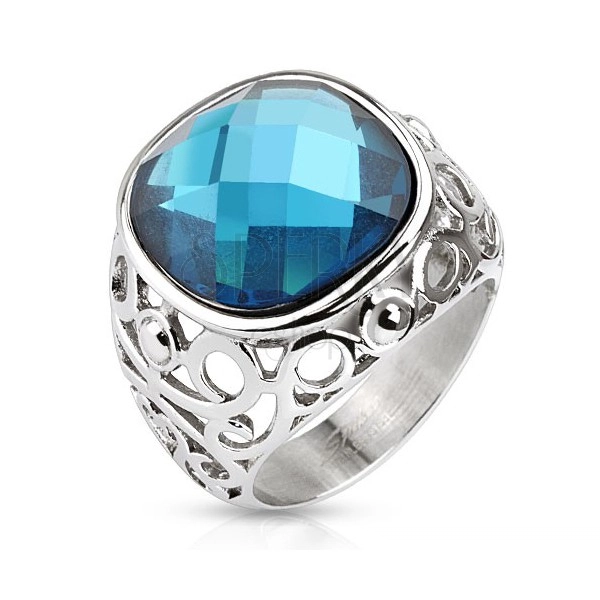 Acél gyűrű, filigránnal díszített szárak, kék csiszolt kő